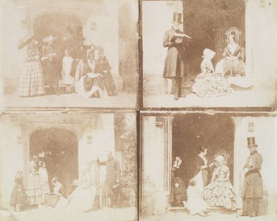 Contactblad van vier groepsportretten in een deuropening, ca. 1850 door Calvert Jones