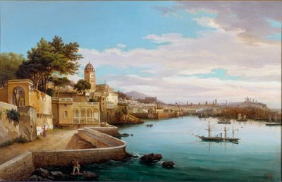 Zicht op de haven van Genua door Cambiaso