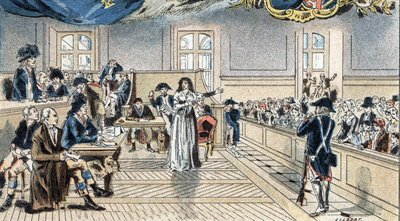 Marie Antoinette, koningin van Frankrijk, voor de rechters tijdens haar proces op 14 oktober 1793 door Camille Gilbert