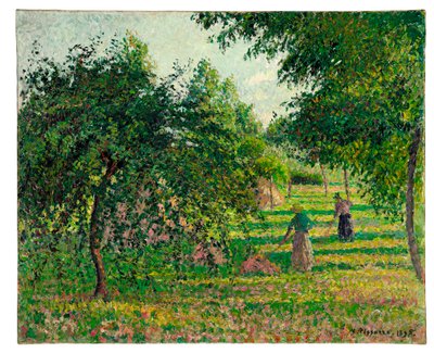 Appelbomen en hooimakers in Eragny, 1895 door Camille Jacob Pissarro