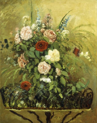 Boeket bloemen met een rustieke houten jardinière, c.1876 door Camille Jacob Pissarro