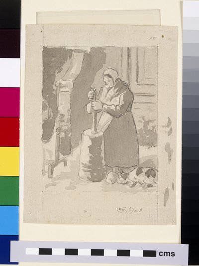 Compositorische studie van een vrouwelijke boerin die boter maakt door Camille Jacob Pissarro