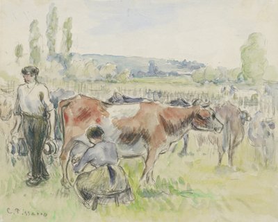 Compositorische studie van een melkscène in Eragny-sur-Epte, 1884 door Camille Jacob Pissarro
