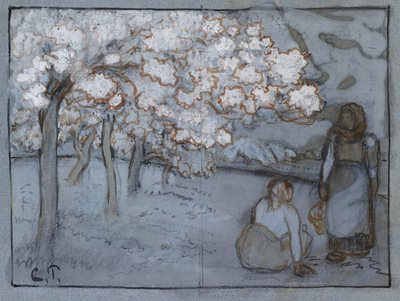 Compositorische studie van twee vrouwelijke boeren die praten in een boomgaard, ca. 1894 door Camille Jacob Pissarro