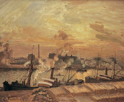 Lossen van hout, kade van de Beurs, zonsondergang door Camille Jacob Pissarro