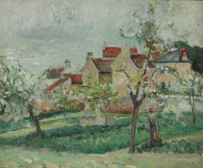 Bloeiende pruimenbomen in Pontoise door Camille Jacob Pissarro
