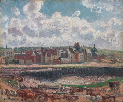 Paarden en karren voor de vissershaven, Dieppe, bij eb, 1902 door Camille Jacob Pissarro