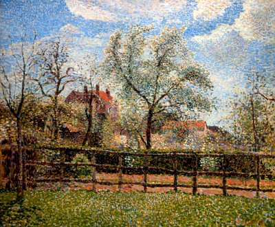 Perenbomen en Bloemen in Eragny, Ochtend, 1886 door Camille Jacob Pissarro