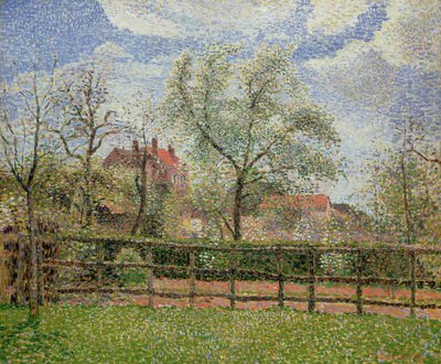 Perenbomen en bloemen in Eragny, ochtend, 1886 door Camille Jacob Pissarro