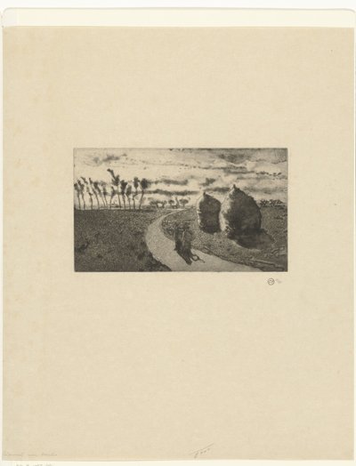 Schemering met hooibergen door Camille Jacob Pissarro