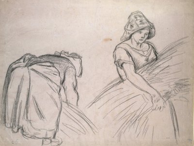 Studie van twee vrouwelijke oogsters, 1882 (zwarte krijt op roze papier met wit) door Camille Jacob Pissarro