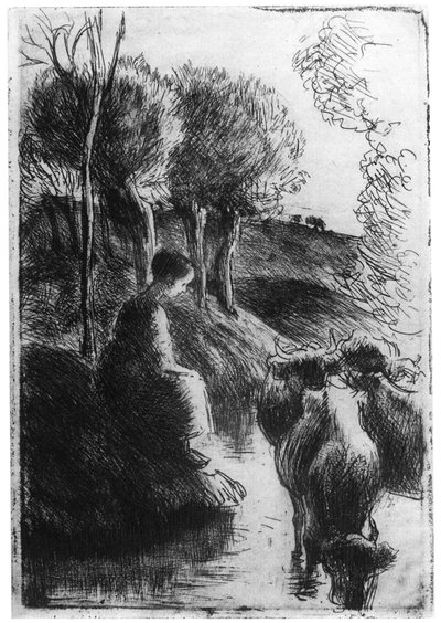 Koeherder naast water, circa 1850-1900, 1924 door Camille Jacob Pissarro
