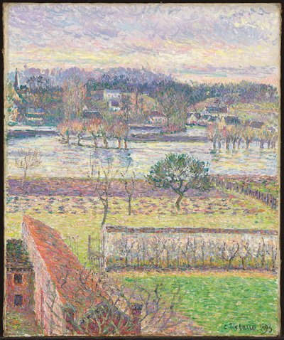 Uitzicht vanuit mijn raam, overstroming, avond, Eragny, 1893 door Camille Jacob Pissarro