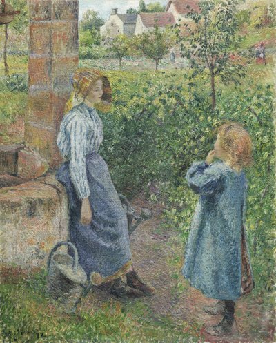 Vrouw en kind bij de put door Camille Jacob Pissarro