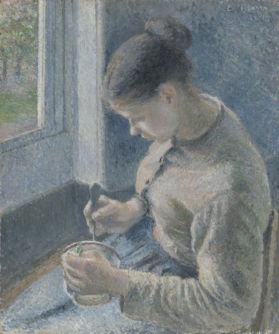 Jonge boerin drinkt haar koffie door Camille Jacob Pissarro