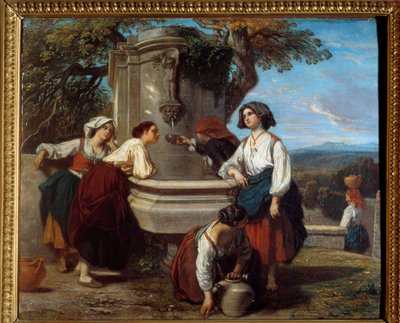 Ossaloises bij de fontein. Boeren uit de Ossau-vallei ontmoeten elkaar om te praten bij de fontein. Schilderij door Camille Roqueplan (1803-1855) door Camille Joseph Etienne Roqueplan