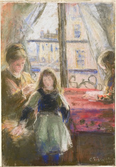 Bij het raam, Rue des Trois Frères door Camille Pissarro