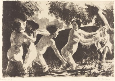 Worstelen van baders door Camille Pissarro