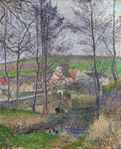De oevers van de Viosne bij Osny in grijs weer door Camille Pissarro