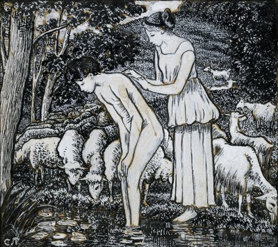Chloë wast Daphnis bij een stroom, compositiestudie voor een illustratie, ca. 1895 door Camille Pissarro