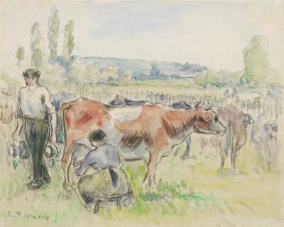 Compositorische studie van een melkscène in Eragny-sur-Epte door Camille Pissarro