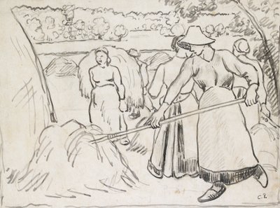 Compositorische studie van oogsters in een landschap, ca. 1893 door Camille Pissarro