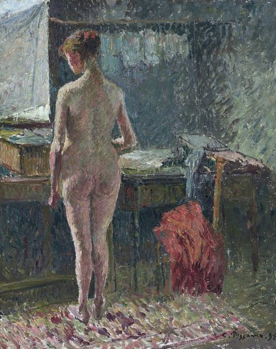 Naakte vrouw met haar rug naar een interieur door Camille Pissarro