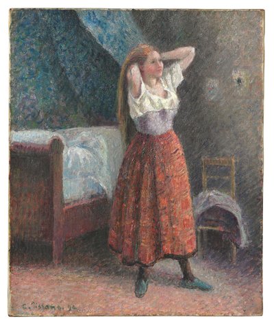 Vrouw die haar haar in model brengt door Camille Pissarro
