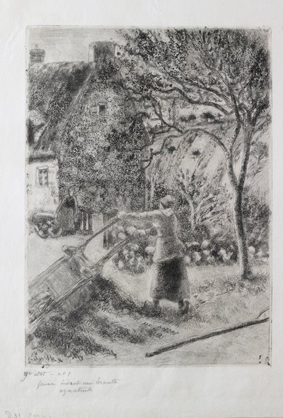 Vrouw die een kruiwagen leegt, 1880 door Camille Pissarro