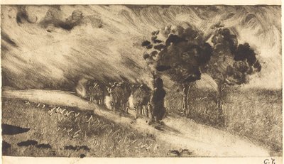 Koeien hoeden bij schemering (Vachère le soir) door Camille Pissarro