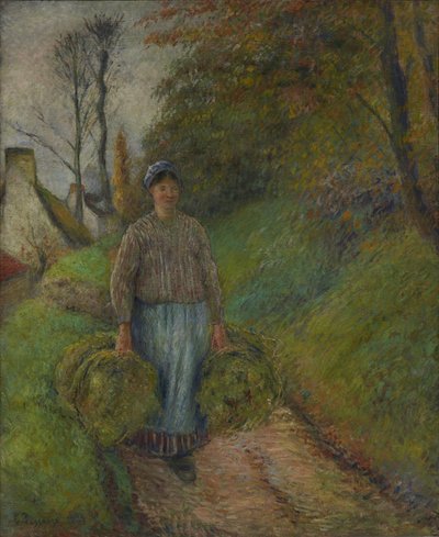 Boerin die twee bundels hooi draagt door Camille Pissarro