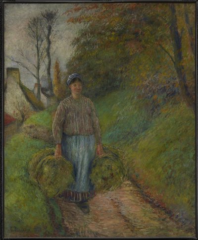Boerin die twee bundels hooi draagt door Camille Pissarro
