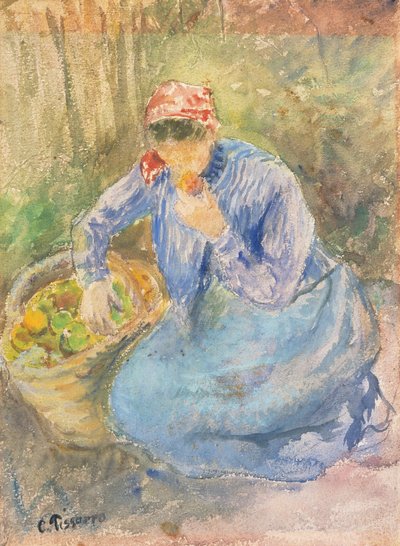 Zittende boerin met een mand appels door Camille Pissarro
