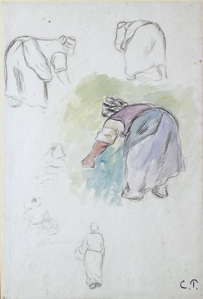 Blad met studies: vier studies van een buigende vrouwelijke boerin en twee studies van een vrouw die een kom vasthoudt door Camille Pissarro