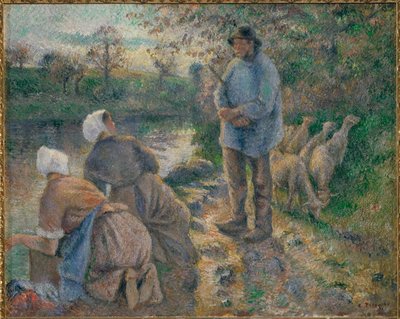 Herder en wasvrouwen (schilderij op doek) door Camille Pissarro