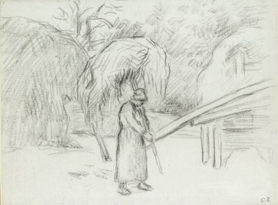 Studie van een vrouwelijke boer die een hooibaal draagt op de boerderij in Foucault, ca. 1875 door Camille Pissarro
