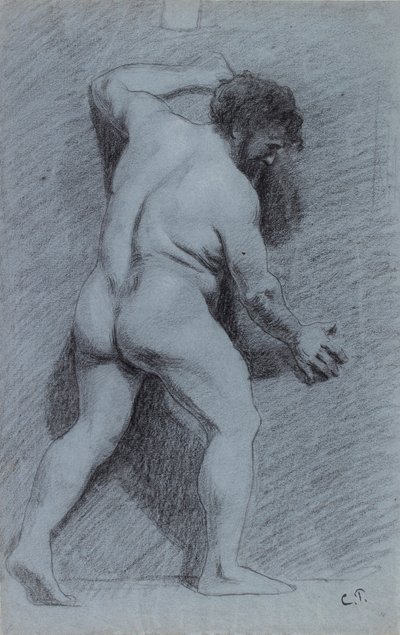 Studie van een mannelijk naakt tegen een muur in profiel naar rechts door Camille Pissarro