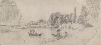 Studie van een rivierlandschap met boten door Camille Pissarro
