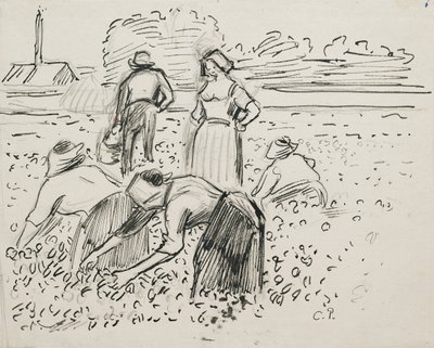 Studie van vijf boerenfiguren die op een veld werken door Camille Pissarro