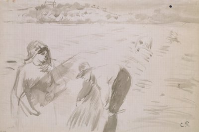 Studie van oogsters die werken in een veld nabij Pontoise door Camille Pissarro