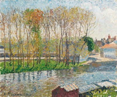 De oever van de Loing in Moret door Camille Pissarro