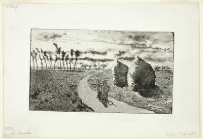 Schemering met hooibergen door Camille Pissarro