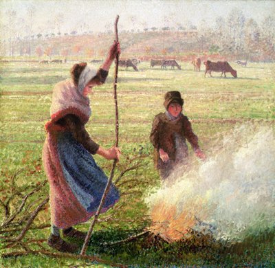 Witte Vorst, vrouw die hout hakt door Camille Jacob Pissarro