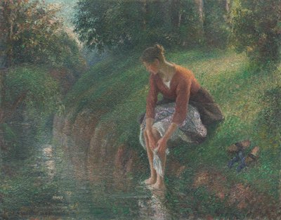 Vrouw baadt haar voeten in een beek door Camille Pissarro