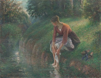Vrouw die haar voeten baadt in een beek, 1894-95 door Camille Pissarro