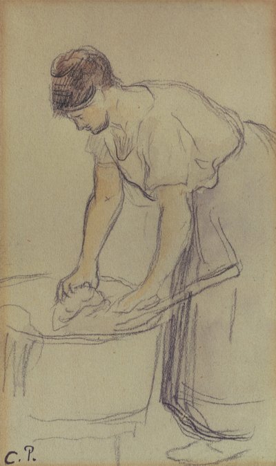 Vrouw die Wasgoed Wast door Camille Pissarro