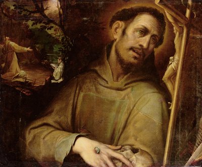 Sint Franciscus Aanbiddend het Kruis met de Stigmatisatie van Sint Franciscus op de Achtergrond door Camillo (after) Procaccini