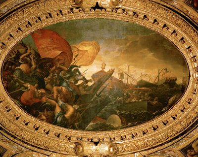 Zeeslag tussen Venetianen en Genuezen in 1265 bij Trapani, Sicilië (olieverf op doek) door Camillo Ballini