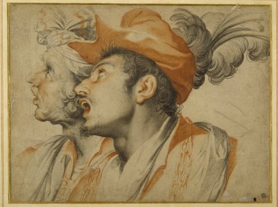 Groteske van twee modieus geklede mannen die zingen door Camillo Procaccini