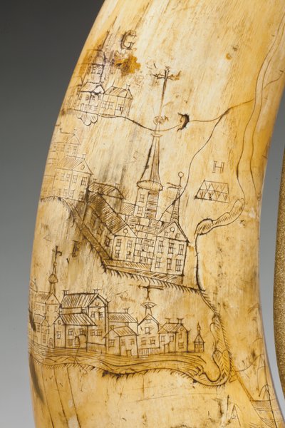 Kruithoorn, gegraveerd met een kaart van de St. Lawrencerivier in het gebied van Quebec, ca. 1759 door Canadian School